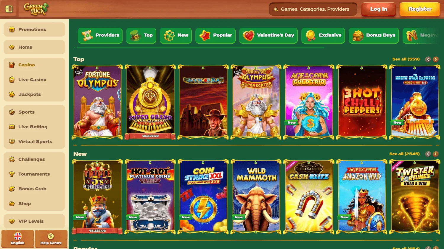 Green Luck Casino desktop game selection with pokies and live casino options
