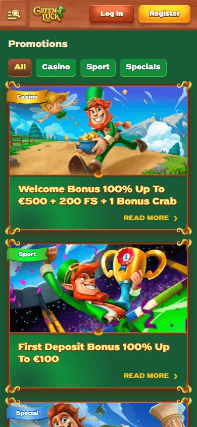 Green Luck Casino mobile browser promotions area