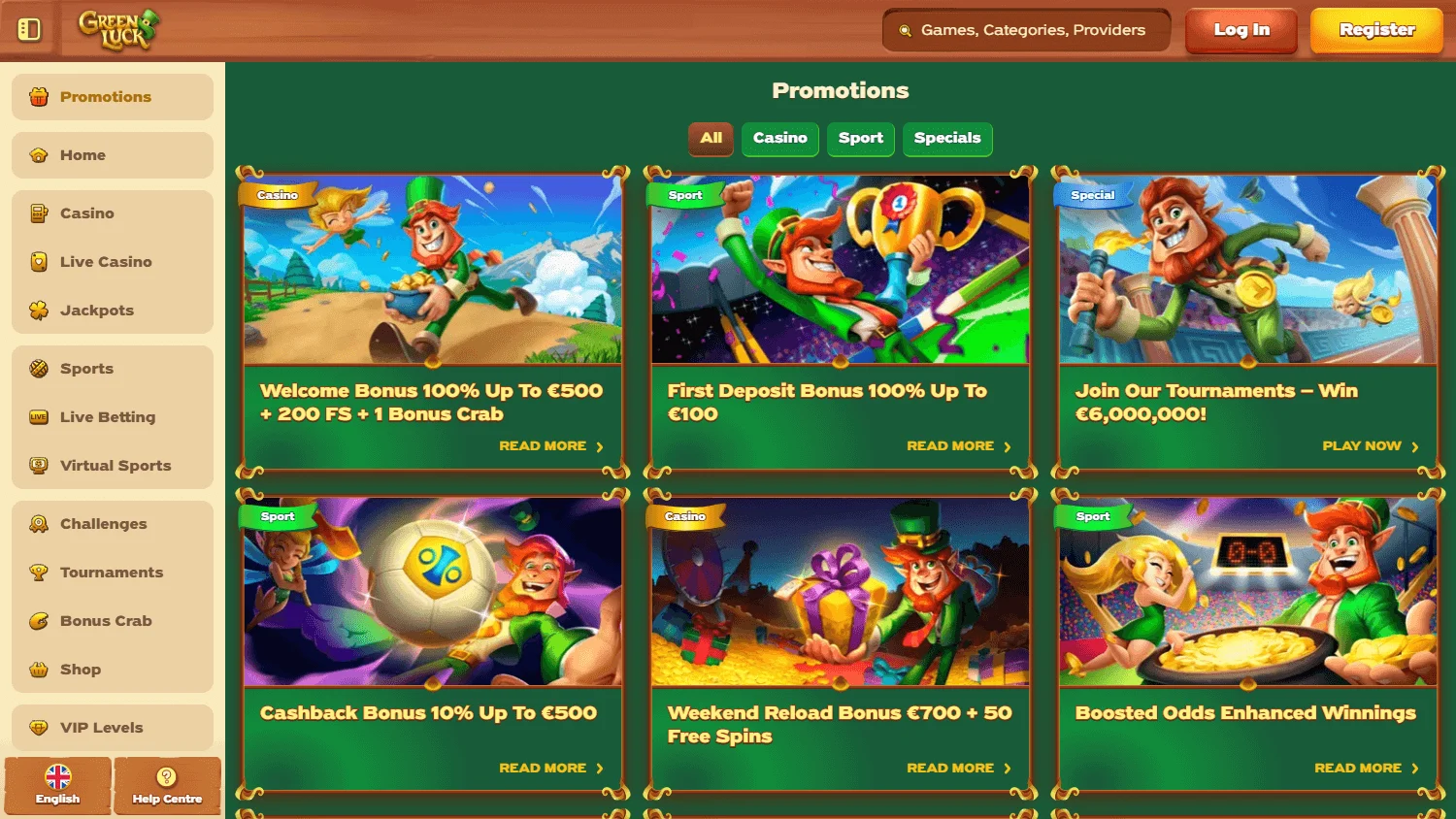 Green Luck Casino desktop promotions featuring bonuses and cashback