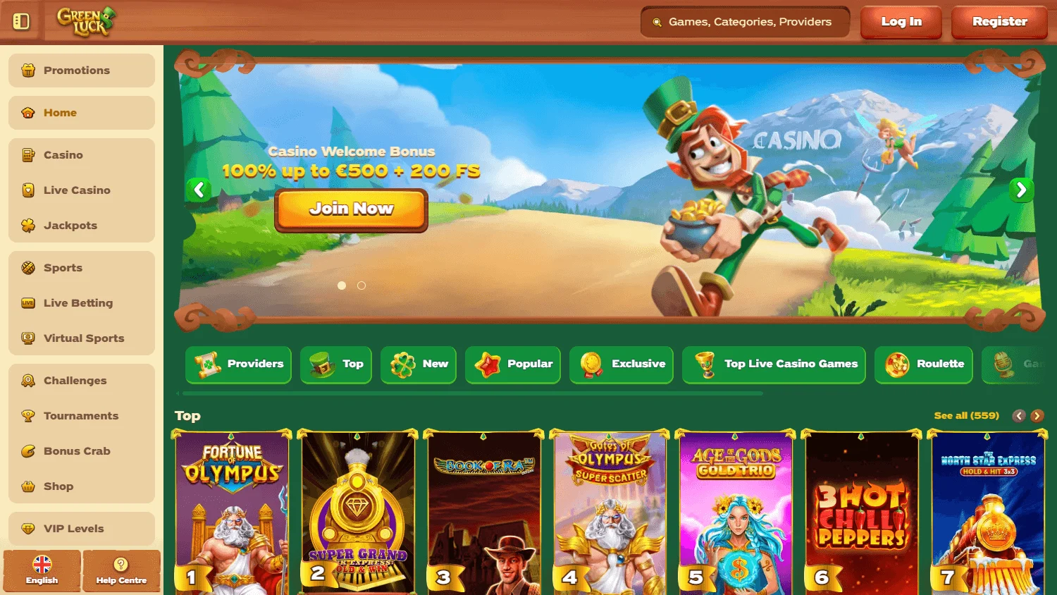 Green Luck Casino desktop home interface for Australian players
