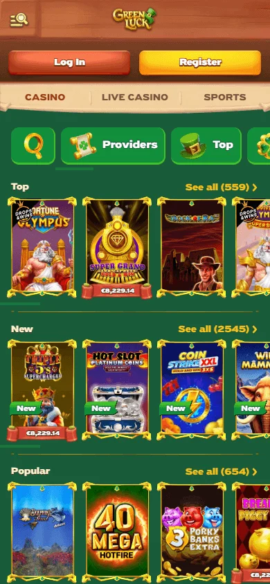 Green Luck Casino mobile browser game selection