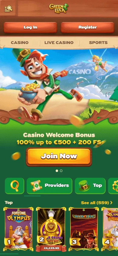 Green Luck Casino mobile-responsive home interface